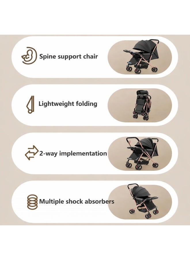 TAPIT Baby Stroller for toddlers 0-3 years One-click Foldable Lightweight Infant Travel Stroller With Storage Basket Multi-Postion Reclining Seat Comfortable and Shock Absorbent (Black) - Image 2